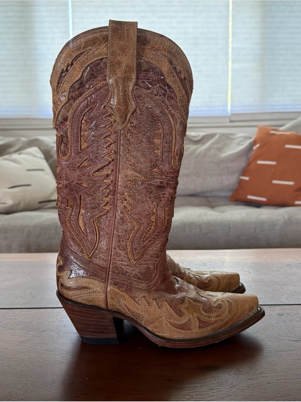 Corral Eagle Overlay Brown Leather Western Heeled Boots 5.5 Phoenix